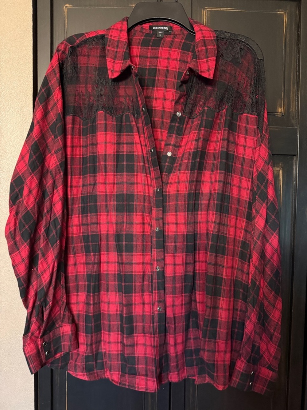 Express Red & Black Plaid Shirt with Lace Yoke